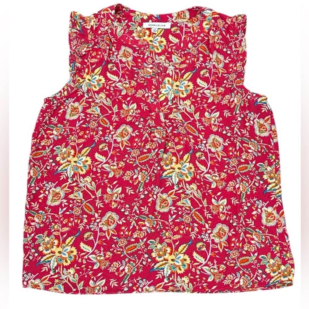 Rose + Olive Floral Blouse Ruffle Sleeveless Pink Multi Color Print Women’s Med
